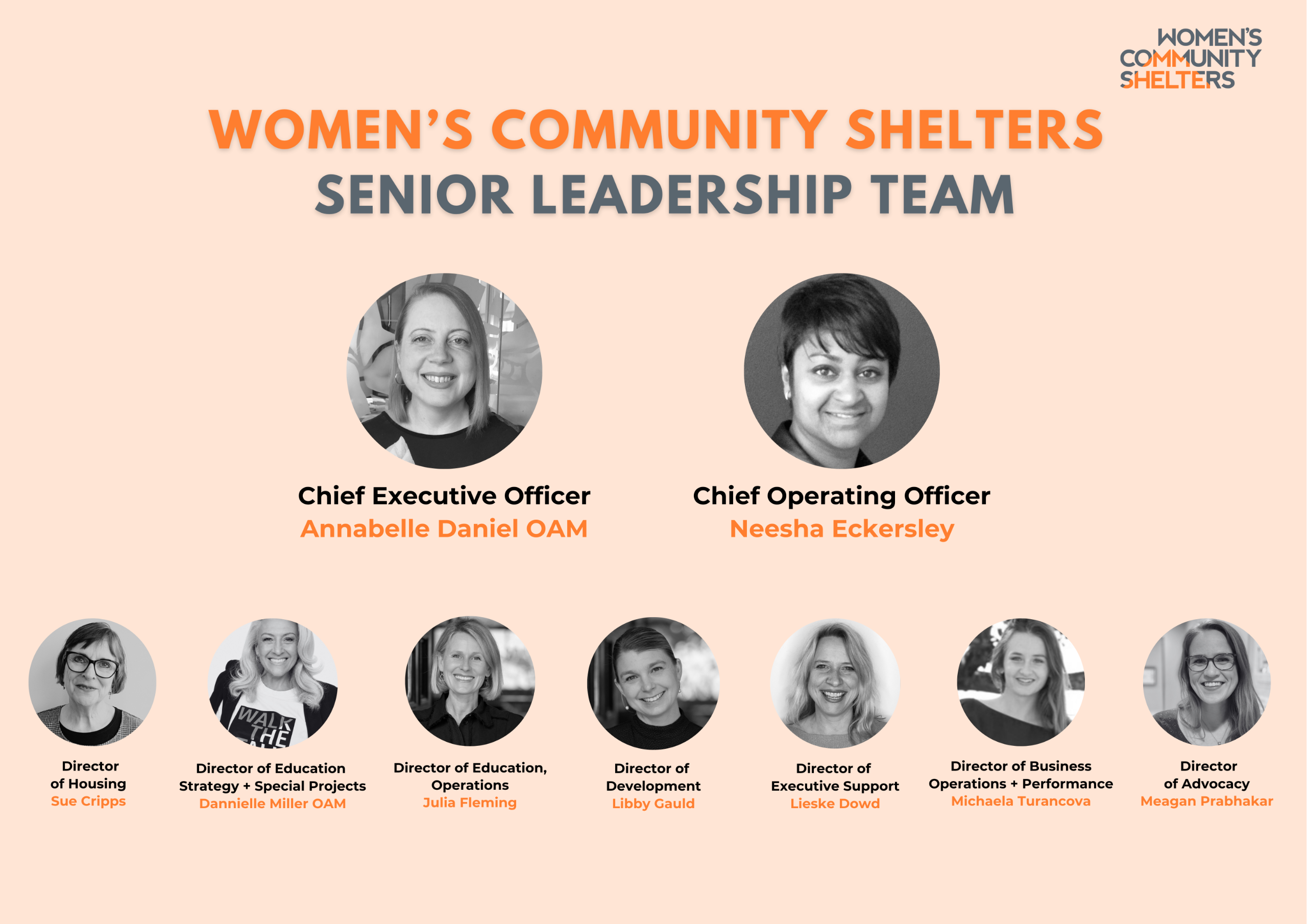 EXTERNAL ORG DESIGN 2 final The senior leadership team at Women's Community Shelters, united in their mission to provide vital support for women in crisis.
